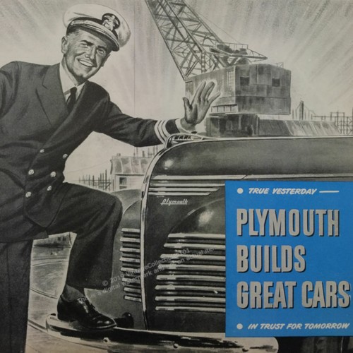 1944 Plymouth US Navy Commander shipyard crane classic car art decor print ad