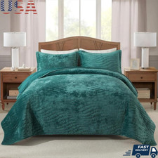 Luxury Velvet Quilt Set Oversized Comforter Lightweight Bedspread W/ 2 Shams New