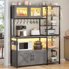Bakers Rack with LED Light, Kitchen Microwave Stand with Storage &Glass Cabinet