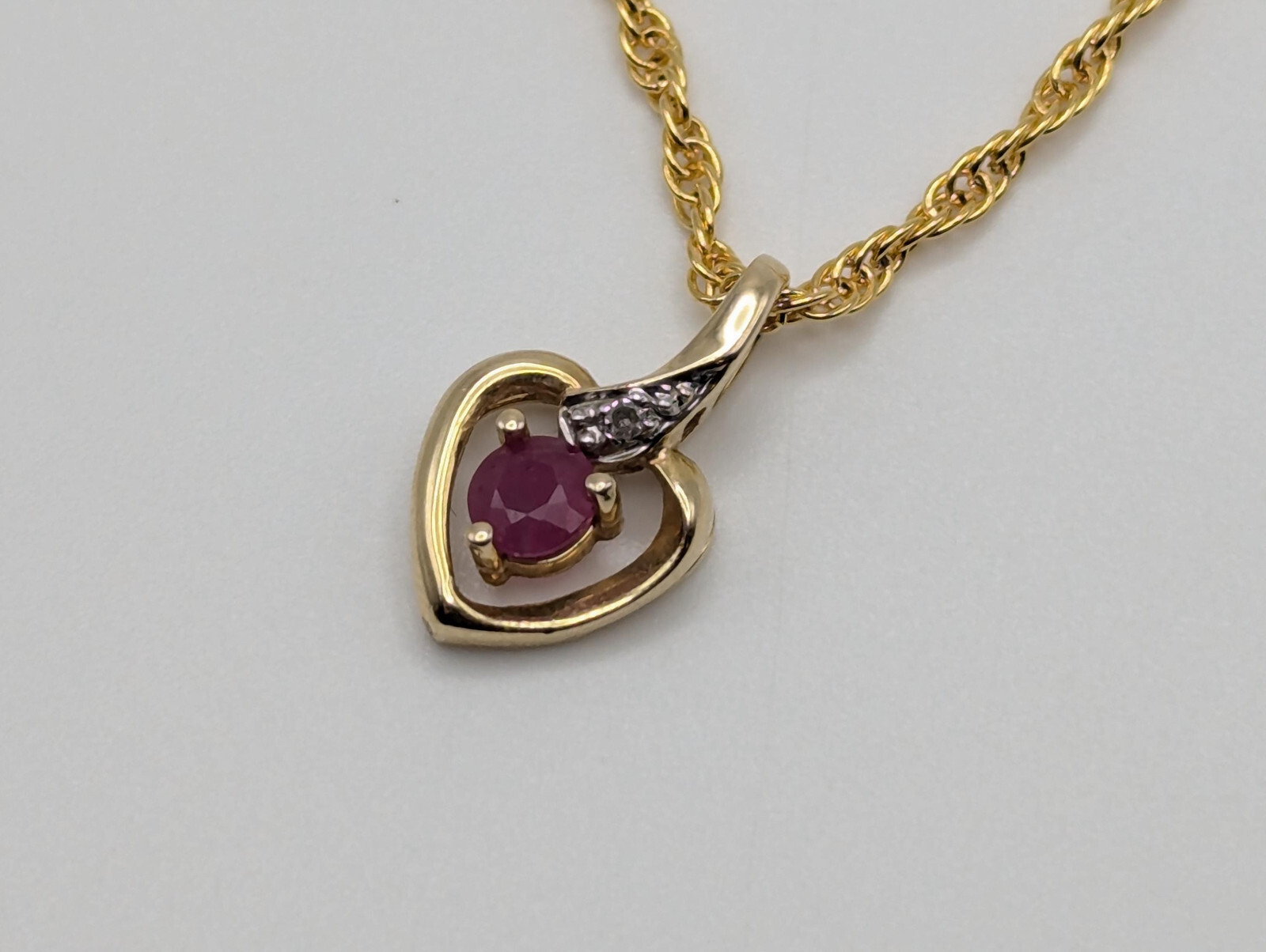 14K Solid Gold Diamond Ruby Heart Love Pendant & … - image 7