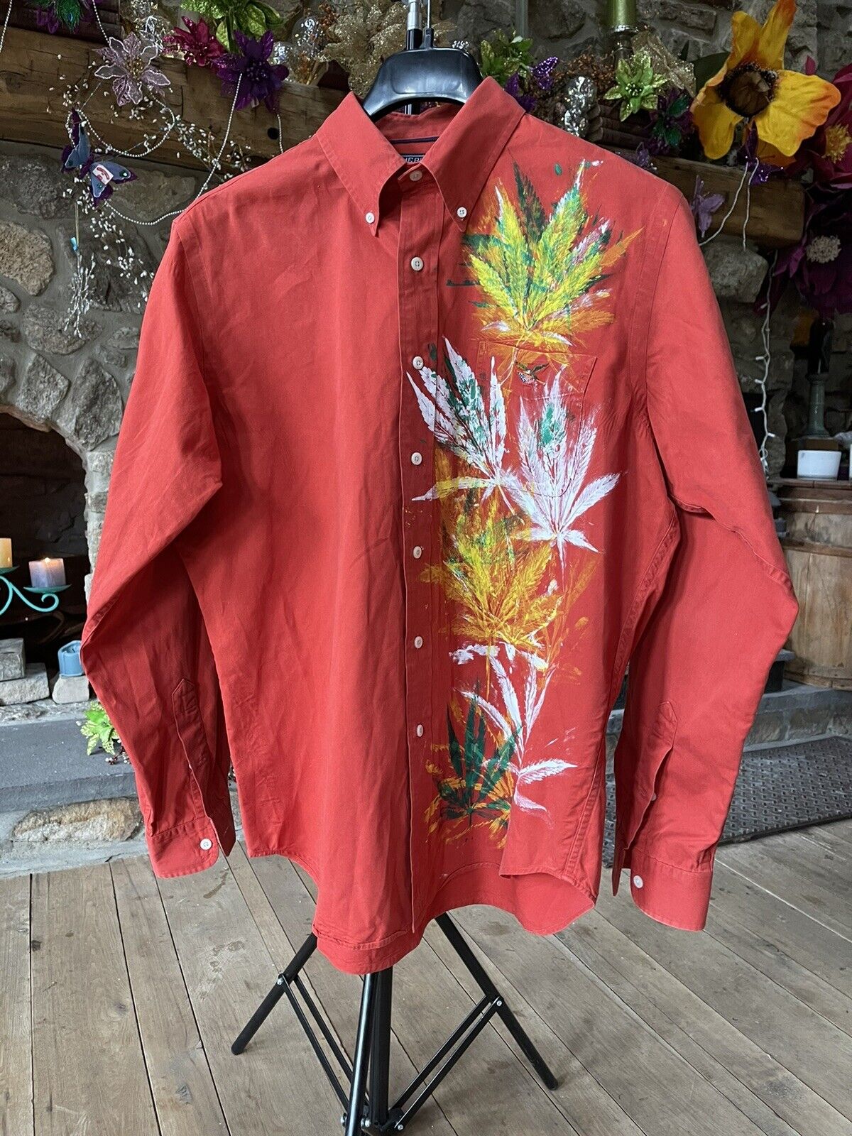 American Living Orange Long Sleeve mens L Leaf shirt Regular dealer Sweet Hand 5 ☆ popular