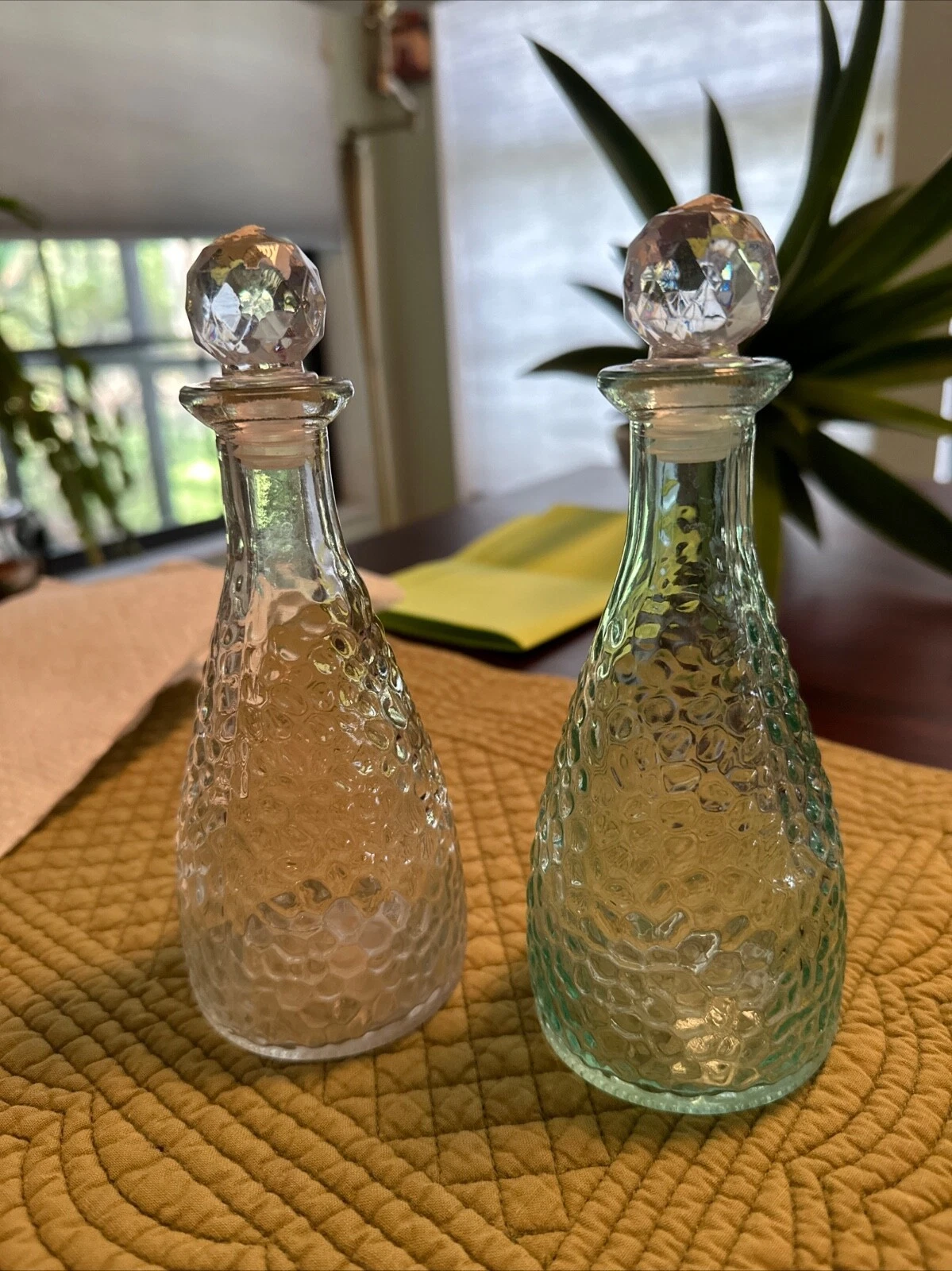 Pebbled Glass Oil & Vinegar Bottle Decanters 7" x 2.75" Clear & Green Cruet
Opens in a new window or