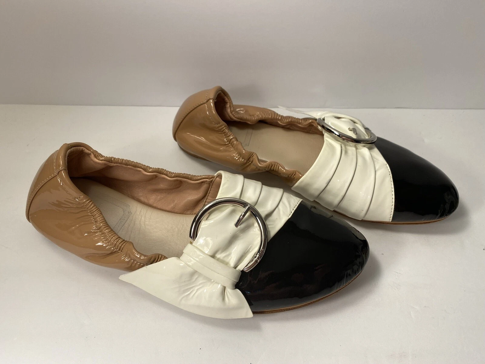 Plats de ballet Christian Dior cuir verni beige blanc noir 36/5,5