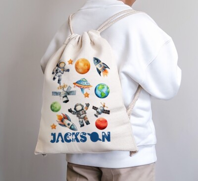 Personalised Space Boys Kids Drawstring Bag, PE Bag Gym Bag