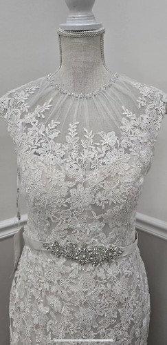 Madison James MJ 14 Wedding DressLace Crystal Bead Waist Champagne Size 12 - Picture 3 of 16