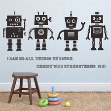 Robot Wall Sticker - Removable PVC Decal with 4 Cute Robots and Inspirational...
