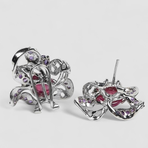 Invaluable Blood Red Ruby Cabochon 925 Sterling Silver White Gold Plated Earring - Picture 4 of 9
