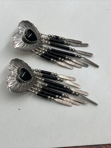 Native American Heart Shaped Onyx QT Sterling QUAC (New Mexico) Dangle Earrings - Picture 2 of 14