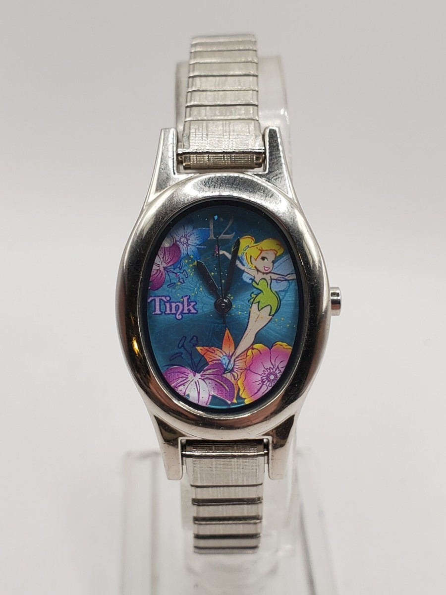 Disney Ladies Tinkerbell Quartz Watch 25mm Oval Silver Tone Stretch Bracelet
