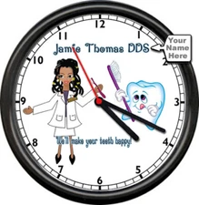 Personalized Your Name Female Dentist African American DDS Tooth Sign Wall Clock