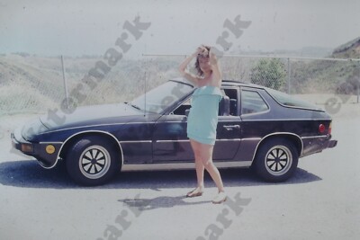 1983 candid of pretty woman in mini dress with porsche car Vintage SLIDE A4m1