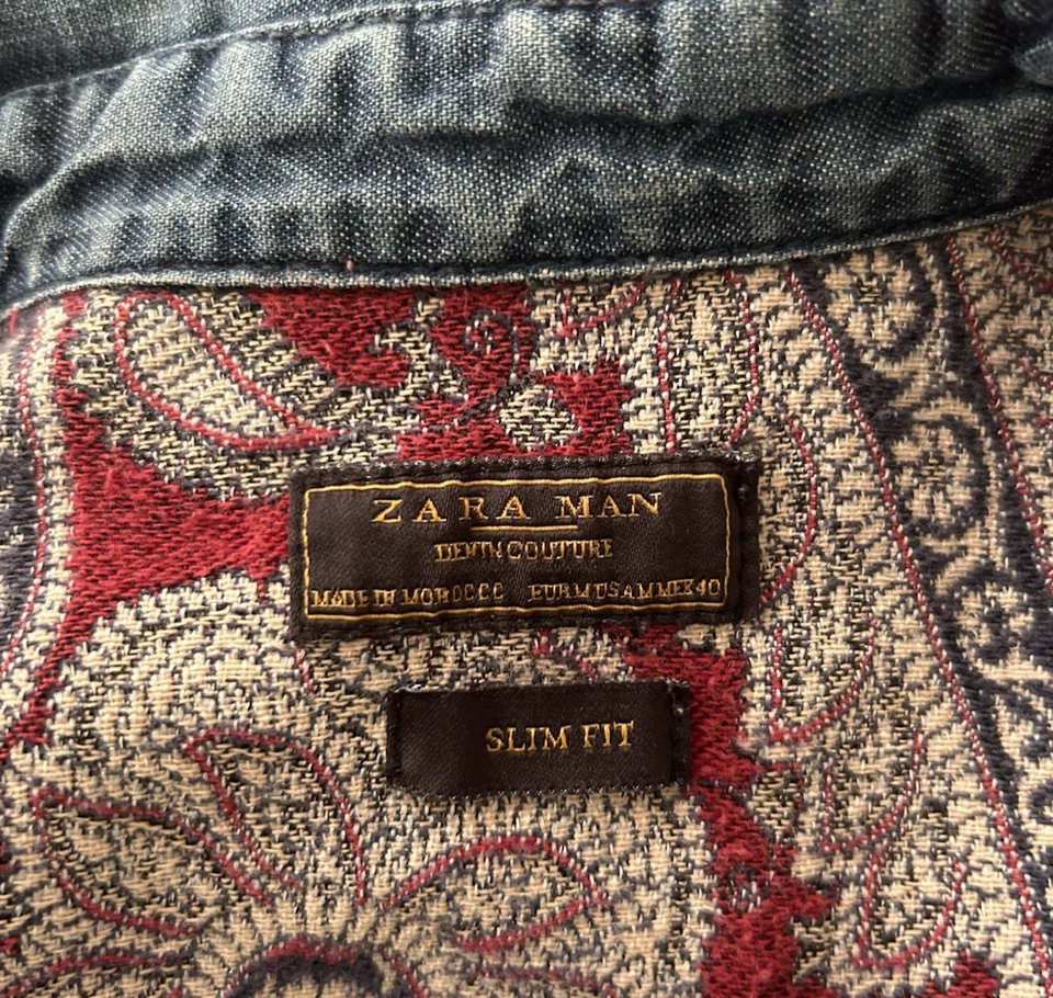 Camisa Zara Para Hombre Denim Tapiz Frontal Perla Bolsillos a Presión en el Pecho Calce Ajustado Talla M Foto 3 de 4