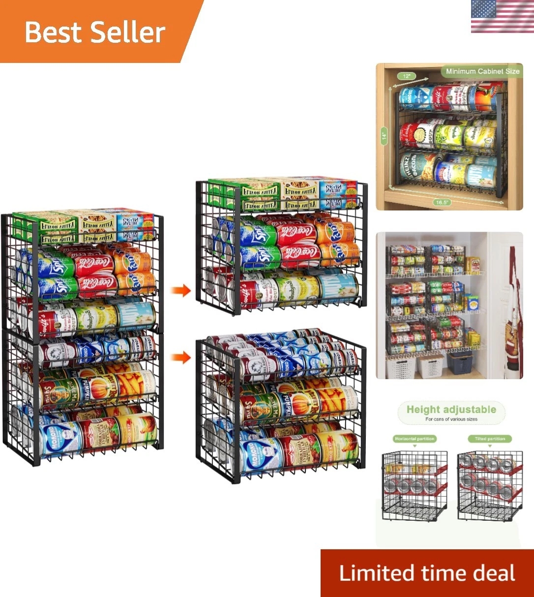 3-Tier Stackable Can Rack Organizer for Pantry, Adjustable Can Storage Holder...