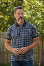 NWT Men  s Polo Shirt Medium Navy  White Print