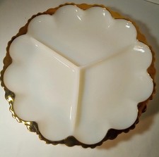 Vintage Relish Tray, Milk Glass With Gold Rim...