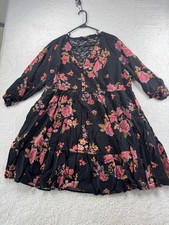 Torrid Plus Size 2 A-Line Black Pink Floral Lace Yoke V-Neck 3/4 Sleeve Dress