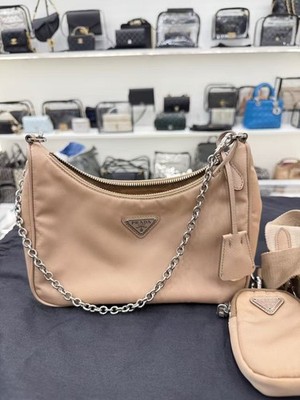 Authentic Prada Re-Edition 2005 1BH204 Beige Re-Nylon 3-in-1 Hobo Bag Silver