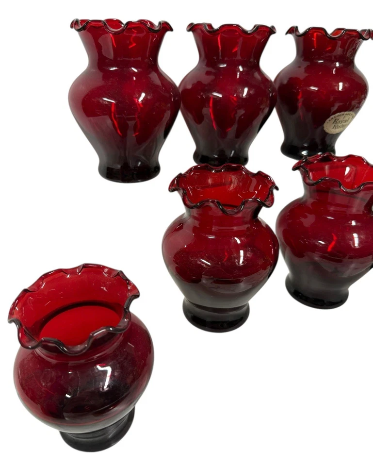 Job Lot x7 Vintage American Anchor Hocking Vase Ruby Red Ruffle Top Bud Vases - Image 2 of 4