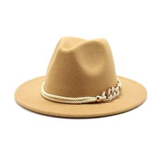 Lady Fashion Wide Brim Felt Fedora Panama Hat with Ring Belt Medium Camel