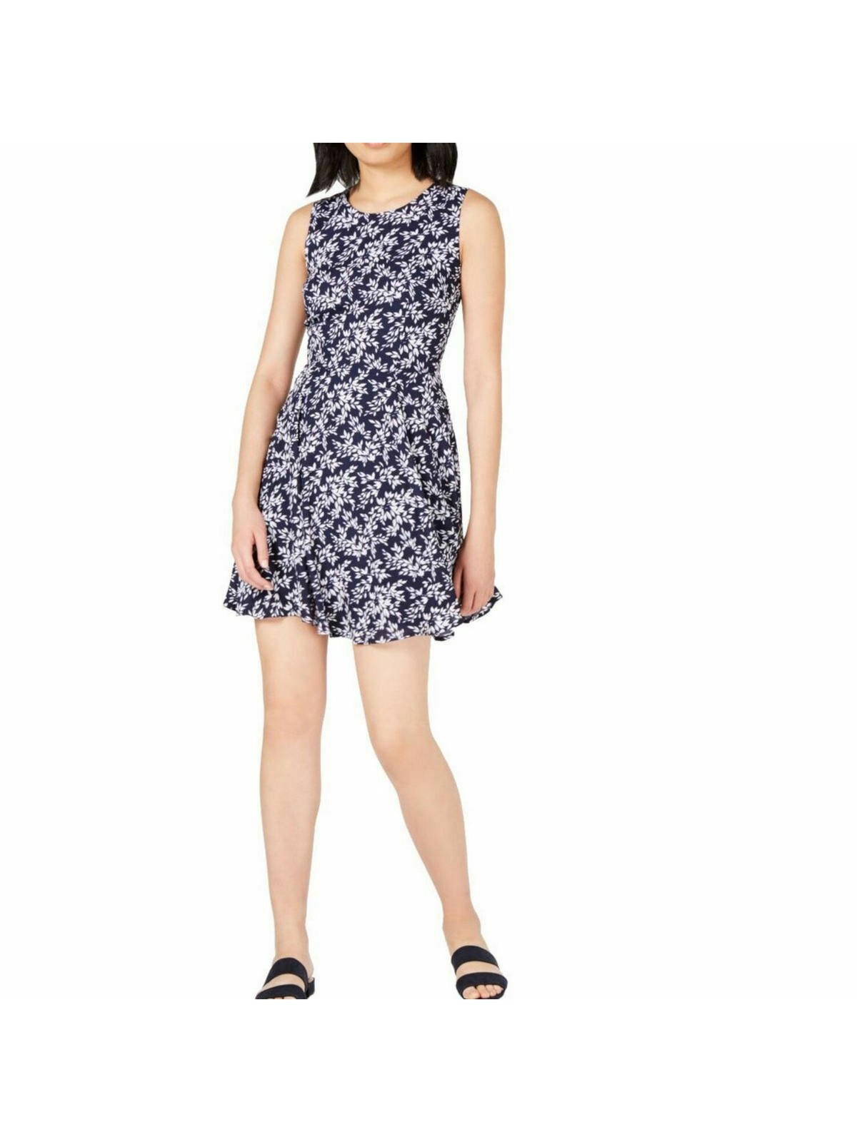 MAISON JULES Womens Fit + Flare Mini Dress Navy Sleeveless Jewel Neck Floral 8