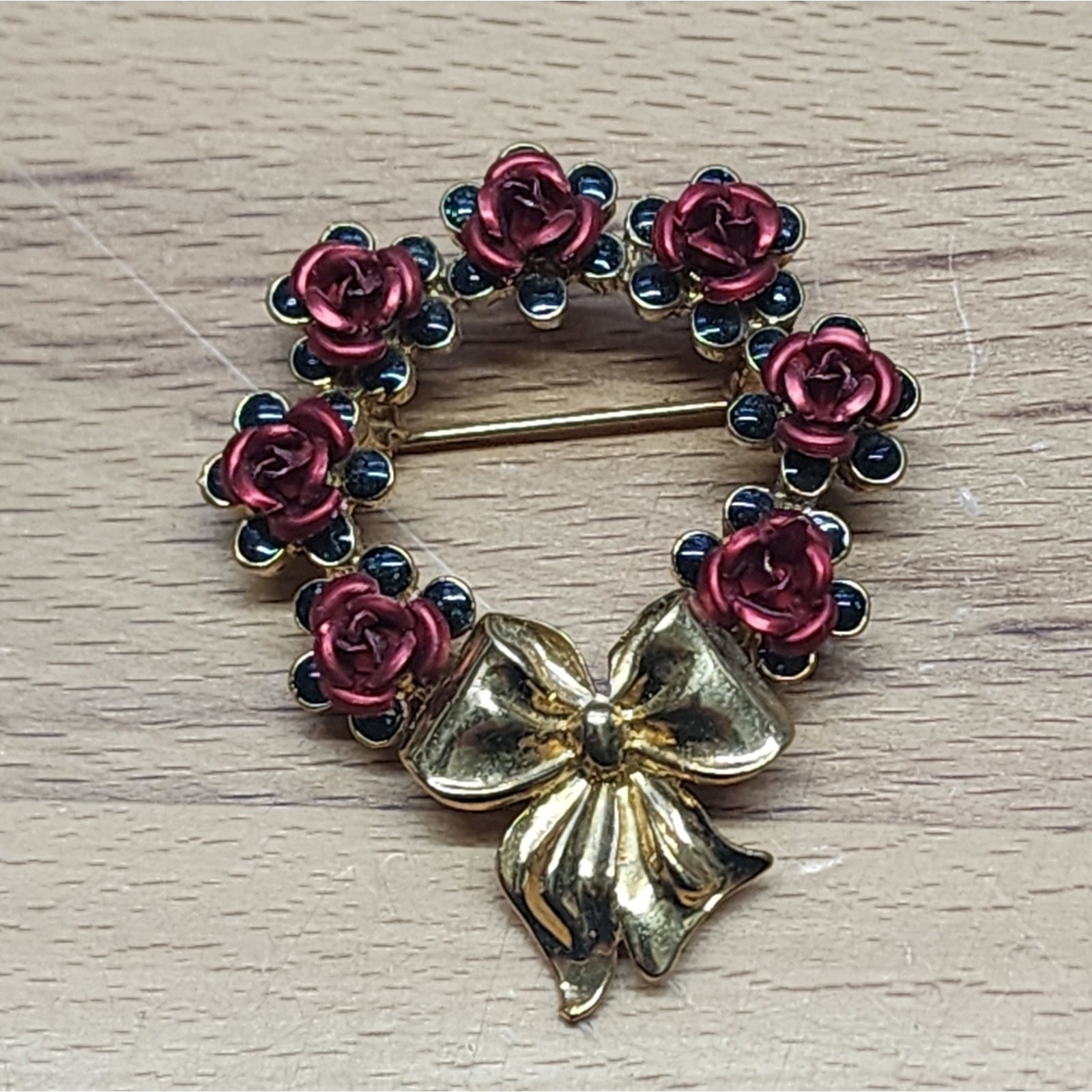 Vintage Avon Rose Wreath Brooch Red & Gold - image 1