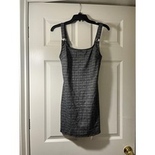Grey Metallic Glen Plaid Mini Dress Square Neck Bodycon Sparkly 6A4092A Large