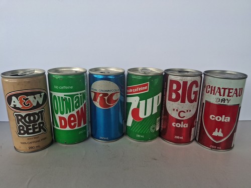 Old Soda Can Lot Of 6 Vintage  Mountain Dew..7up..Rootbeer..RC.. And Others 