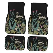Vintage Wildflower Car Floor Mats Carpet Universal Retro Botanical Green Black