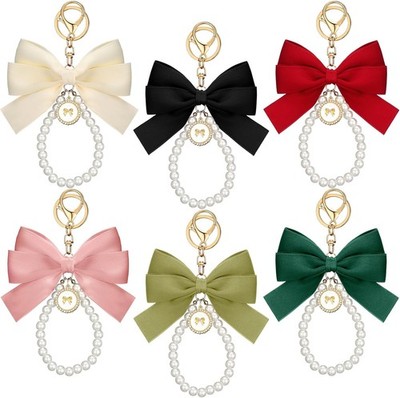 Sureio 6 Pcs Bow Keychain Wristlet for Women Cute Bow Pearl Keychain Lovely Bead