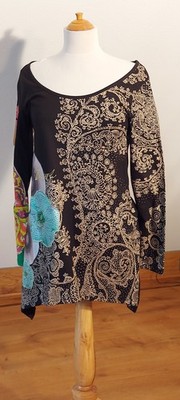 Desigual Mustermix Zipfel Tunika Glitzer Schwarz Beige  Gr. 38 /40, S / M  Neu!