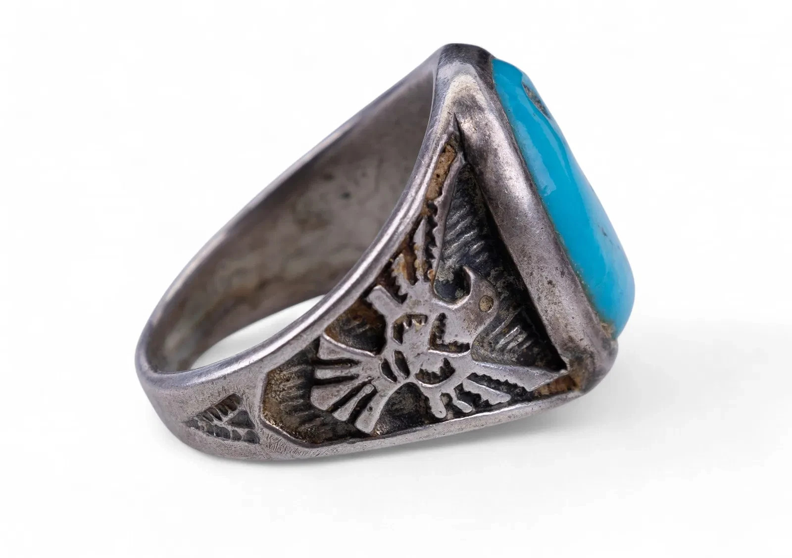 Signed Turquoise Native American Silver Ring - image 6
