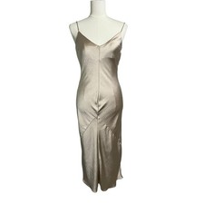 Line & Dot Slip Dress XS Beige Satin Midi Spaghetti Strap Formal 20s 30s Wedding