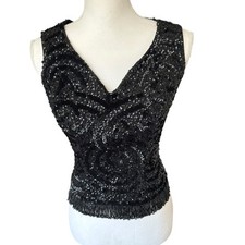 Vtg 50s 60s formal Black tie Sequin beaded Sleeveless Top blouse small flapper
