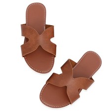 Toybdsunx Women's Flat Slide Sandals Summer Open Toe 7 Wide, Cognac Leather