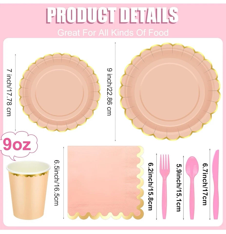 168 Pcs Pastel Scalloped Paper Plates Cups Napkin with Gold Foil Macaron Colo... - Image 4 of 4