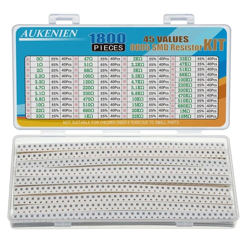 AUKENIEN 0805 SMD Resistor Kit 45 Values 1800Pcs 0R to 10M Ohm 1/8W SMT Chip Res