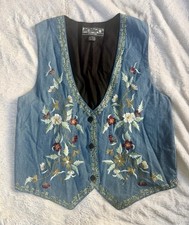 Agapo Womens Embroidered Vest Size L Denim Cottagecore Boho Floral Western