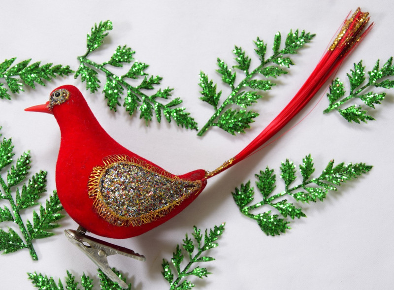 Vintage Japan Red Flock Clip On Bird Christmas Ornament