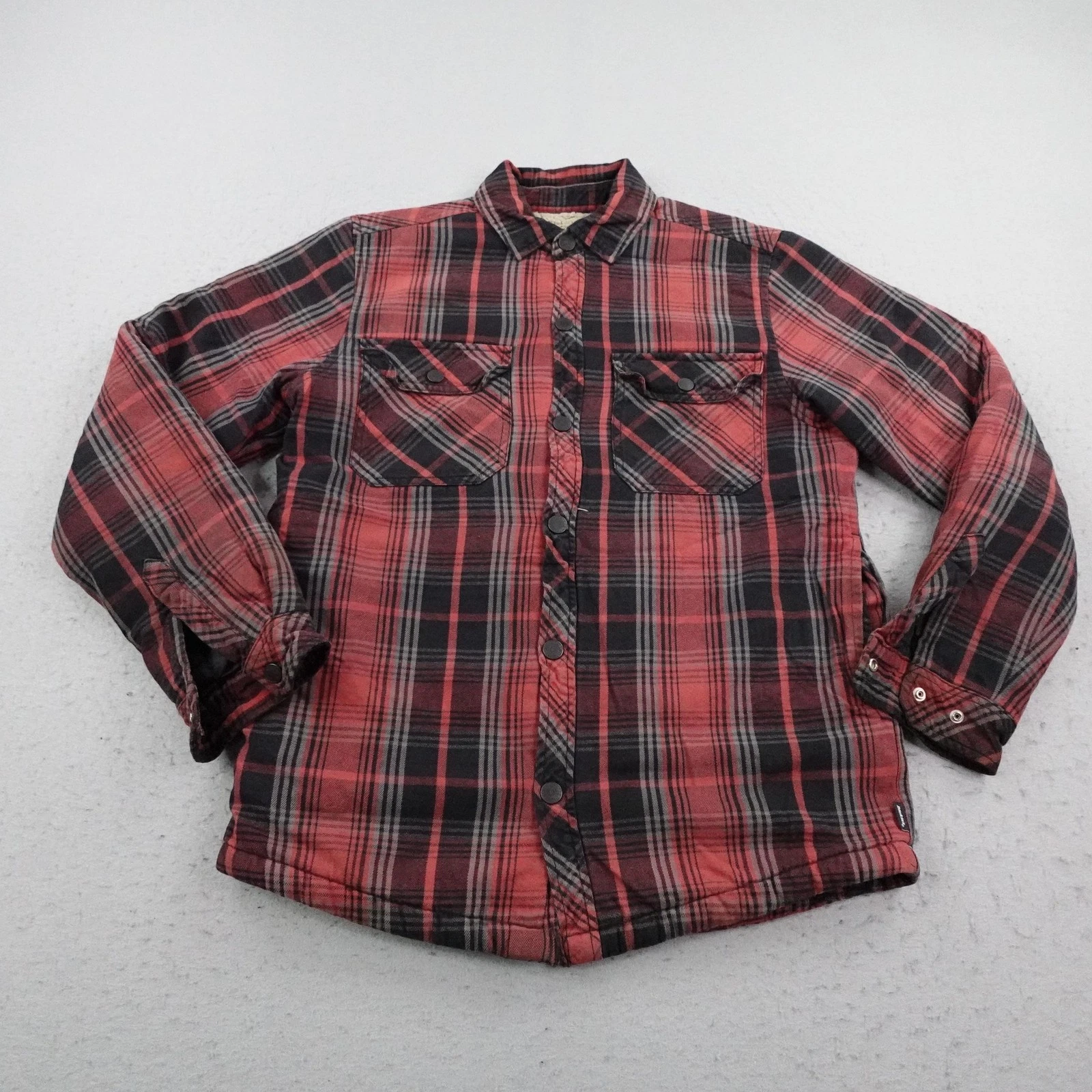 Dickies Jacket Mens Medium Red Plaid Flannel Sherpa Lined Shacket Work Snap Up