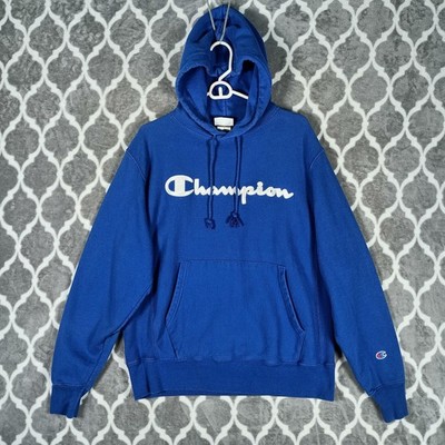 Champion Reverse Weave Hoodie Mens Medium Blue Embroidered Script