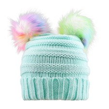 Kids Double Pom Pom Beanie Multi-Color Ear Rib Knit Ski Hat for Ages 7-15