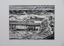 Big Wave at Cromer Pier Linolschnitt Druck signiert limitierte Auflage Kunst North Norfolk