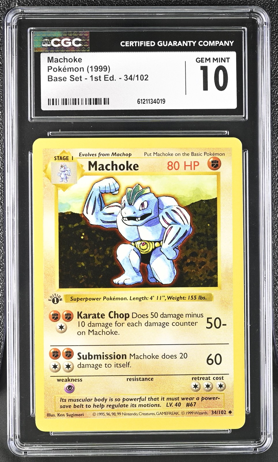 CGC 10 GEM MINT Machoke 1999 Base Set Shadowless 1st Edition 34/102 Pokemon Card