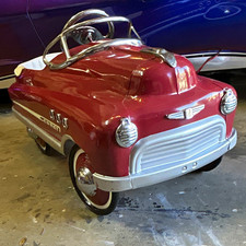 Burgundy Red Metal Pedal Car Convertible w/ White Seat, Chrome Trim