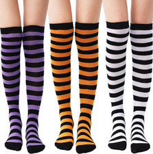 3 Pairs Halloween Long Striped Knee High Socks Witch Socks for Women Girls Hallo