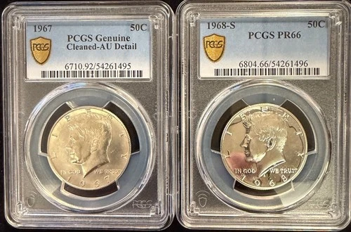 Pair of Kennedy Halves' 1967-P Cleaned & 1968-S PCGS PR66