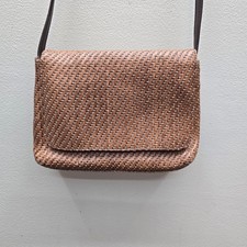 Vintage Fossil Women's Woven Rattan Straw Crossbody Bag Boho Brown Leather Strap