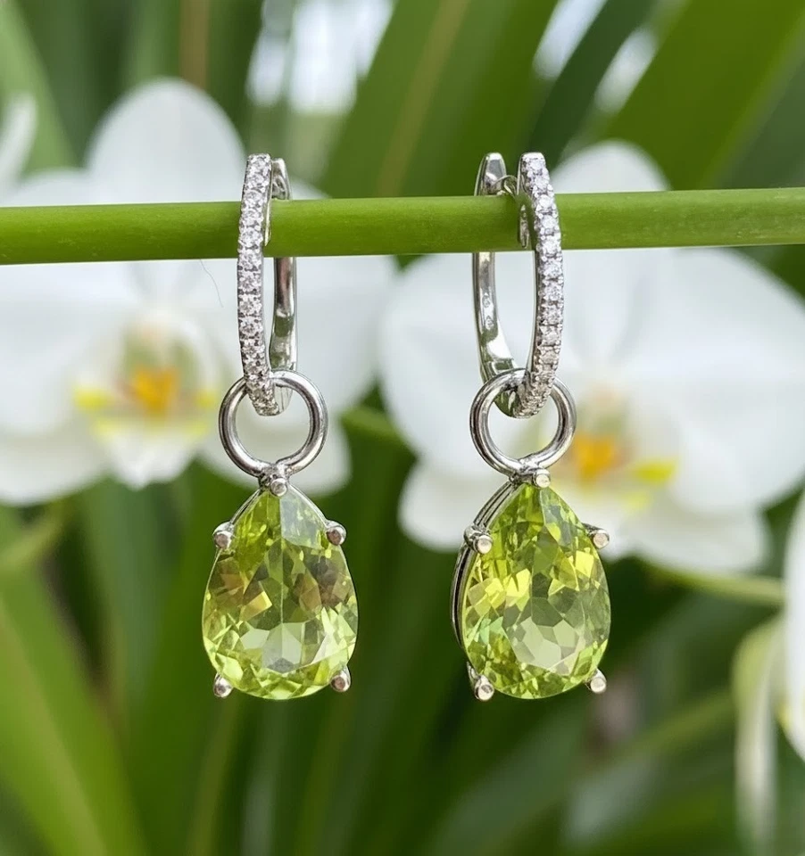 Natural Green Peridot Earrings 2.50Ct Pear Cut Dangle 14K White Gold Plated 925 - Image 2 of 4