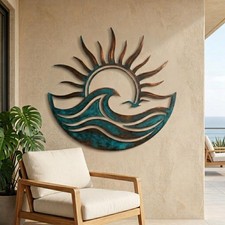 Hand-Flamed Metal Sun Wave Wall Art Coastal Beach House Decor