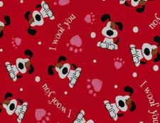 FAT QUARTER PUPPY DOG FABRIC ON RED I WOOF YOU HEART PAWS PUPPIES 100 COTTON